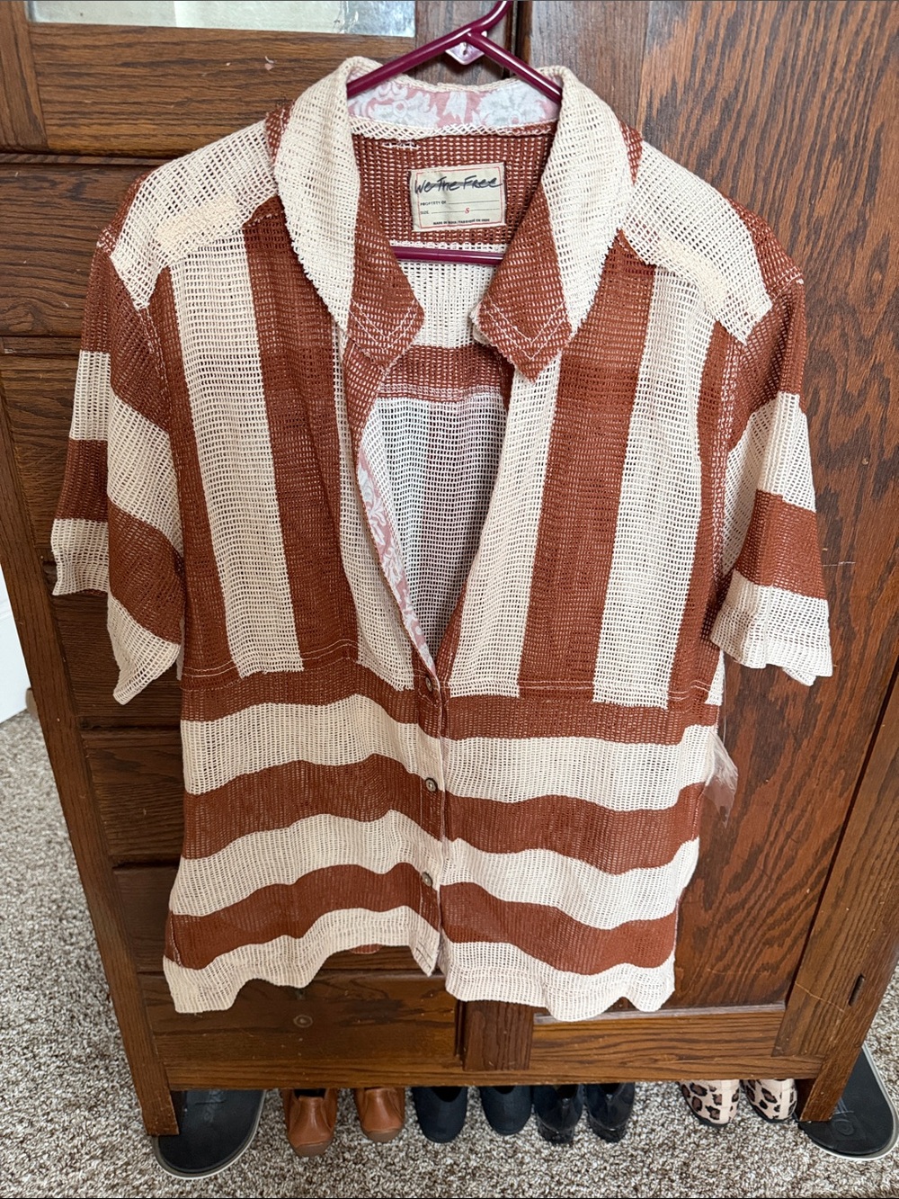 We The Free Brown and Cream Striped Mesh Button-Down Shirt